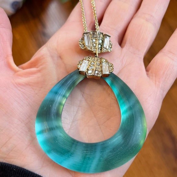 ALEXIS BITTAR TEAL LUCITE HORSESHOE NECKLACE W/ BAGUETTE + CHANNEL SET CRYSTALS - Picture 2 of 7